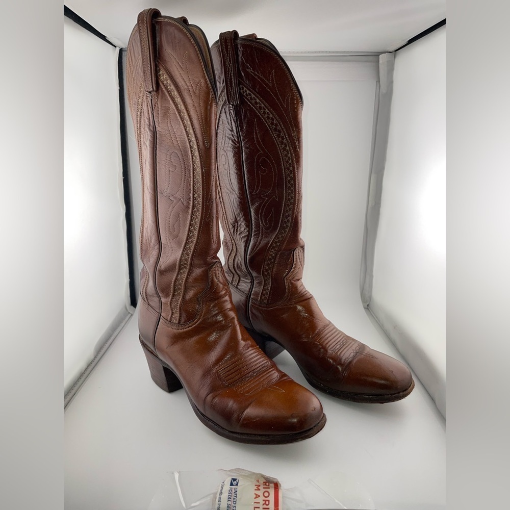 Vintage Lucchese Sz 5.5 D Goatskin Leather Cowboy Boots 3L512 USA Made​​​​​​​​